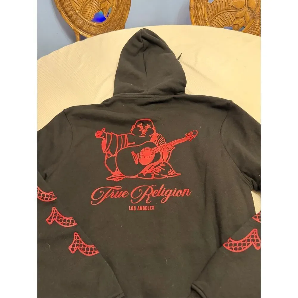 NWT True Religion Men’s Black Red Pullover Hoodie Sweatshirt Size Large New